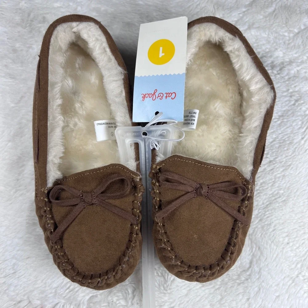 Cat and Jack Kids Brown Moccasin Slippers‎ Fuzzy Lined Bow Size 1 NWT